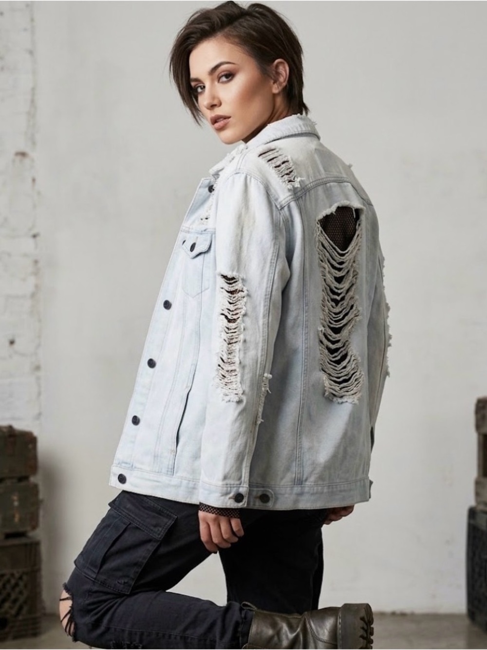 BBJ Los Angeles Womens Denim Distressed Jean Jacket Light Wash MEDIUM Grunge